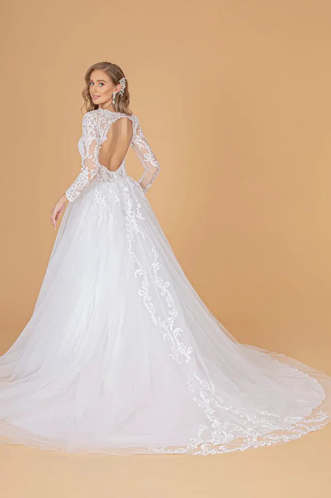 Illusion V-Neck Embroidered Mesh Wedding Gown w/ Sequin Lining by Tux-USA