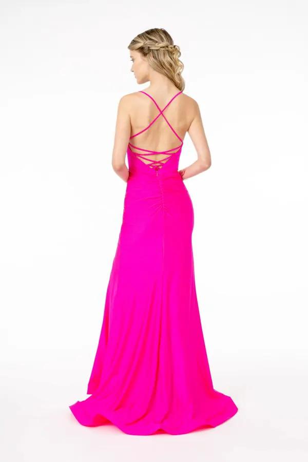 V-Neck Mermaid Ruched Jersey Long Dress w/ Slit by Tux-USA