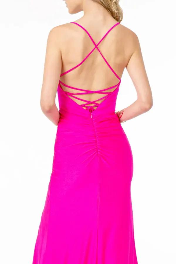 V-Neck Mermaid Ruched Jersey Long Dress w/ Slit by Tux-USA