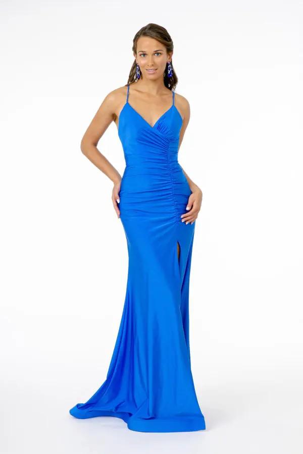 V-Neck Mermaid Ruched Jersey Long Dress w/ Slit by Tux-USA