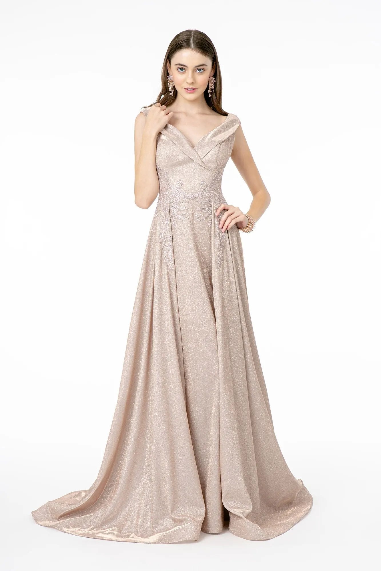 Embroidered Cap Sleeve A-Line Long Dress w/ V-Back by Tux-USA