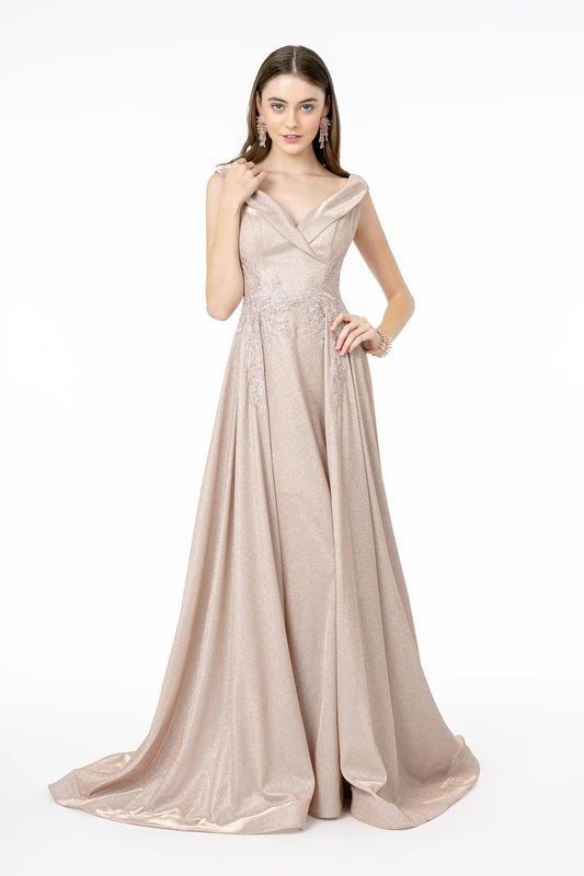 Embroidered Cap Sleeve A-Line Long Dress w/ V-Back by Tux-USA