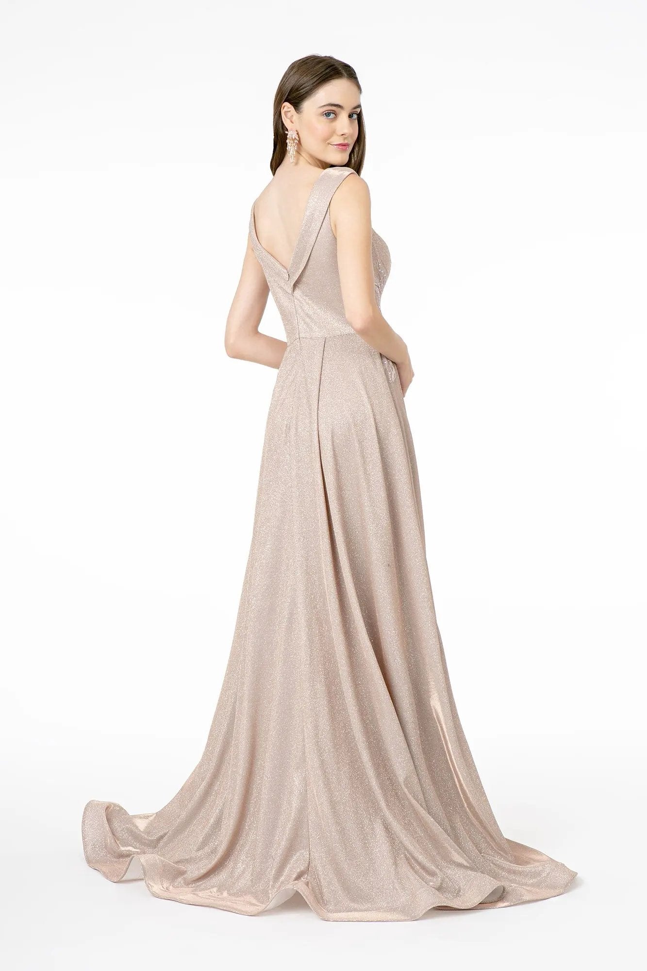 Embroidered Cap Sleeve A-Line Long Dress w/ V-Back by Tux-USA