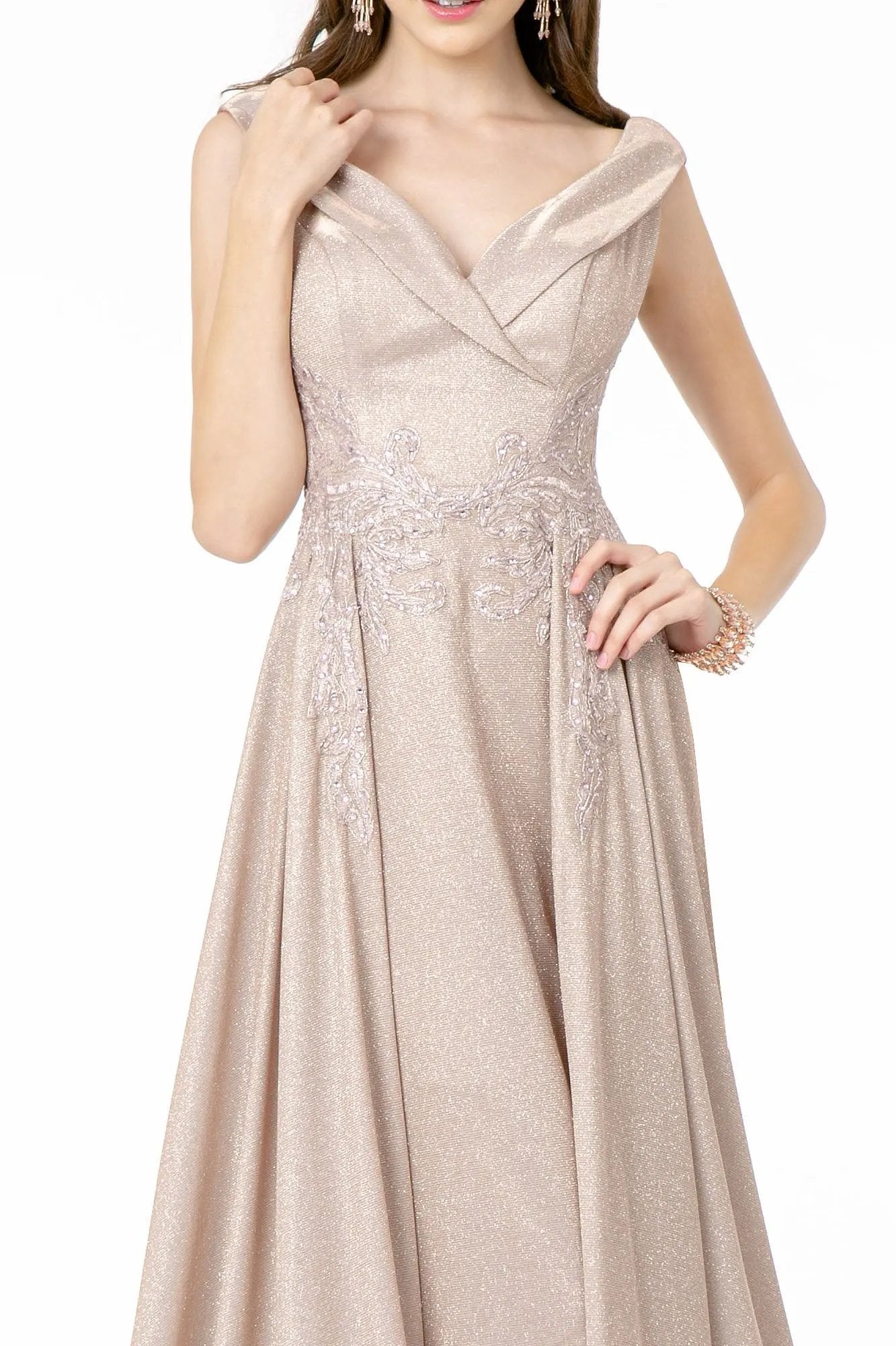 Embroidered Cap Sleeve A-Line Long Dress w/ V-Back by Tux-USA