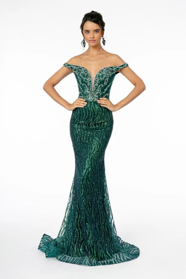 Jewel Embellished Bodice Glitter Mesh Long Dress by Tux-USA