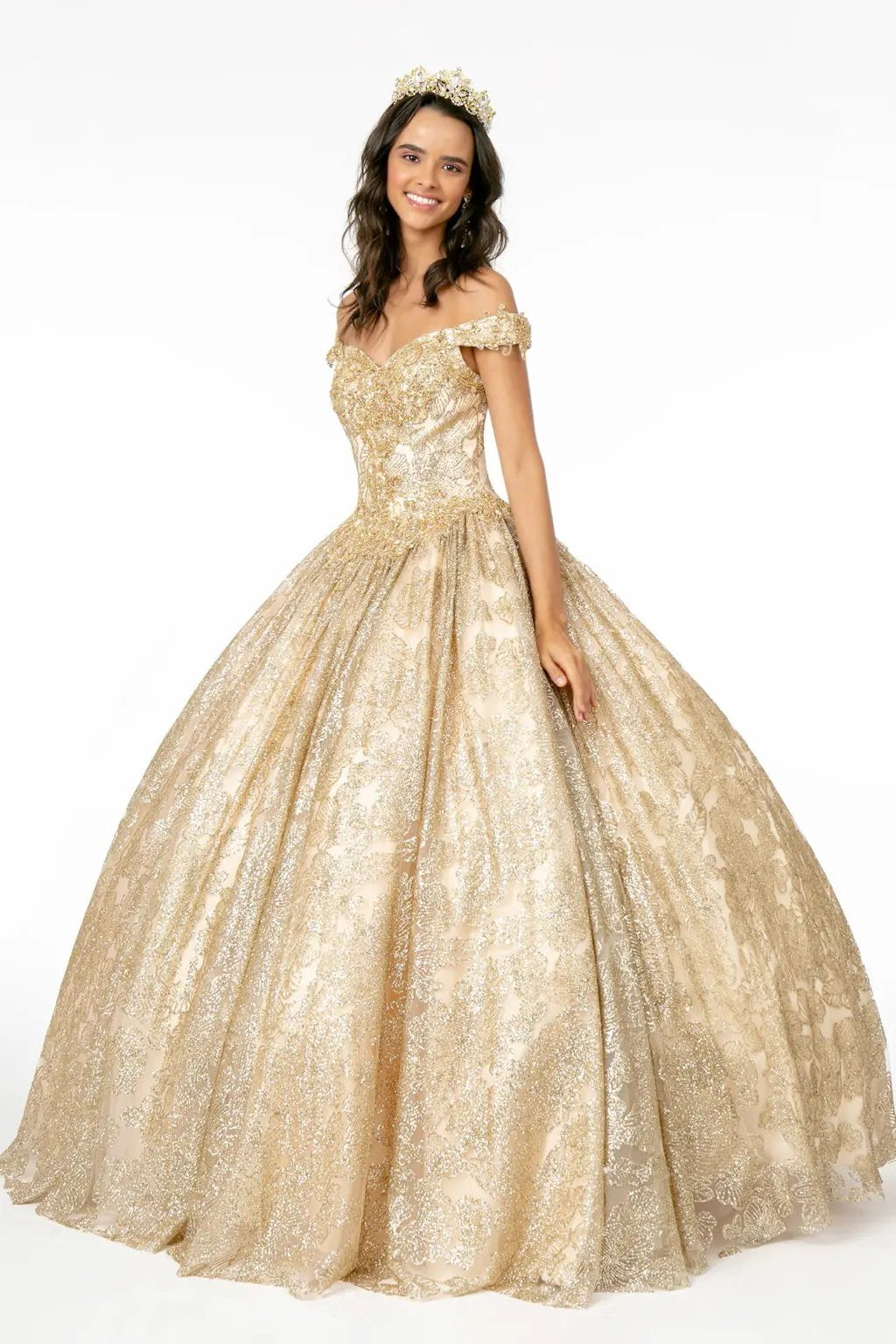 Sweetheart Neckline Cut-Away Shoulder Glitter Mesh Quinceanera Dress by Tux-USA
