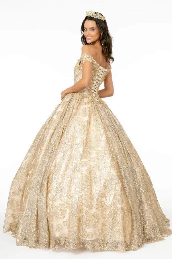 Sweetheart Neckline Cut-Away Shoulder Glitter Mesh Quinceanera Dress by Tux-USA