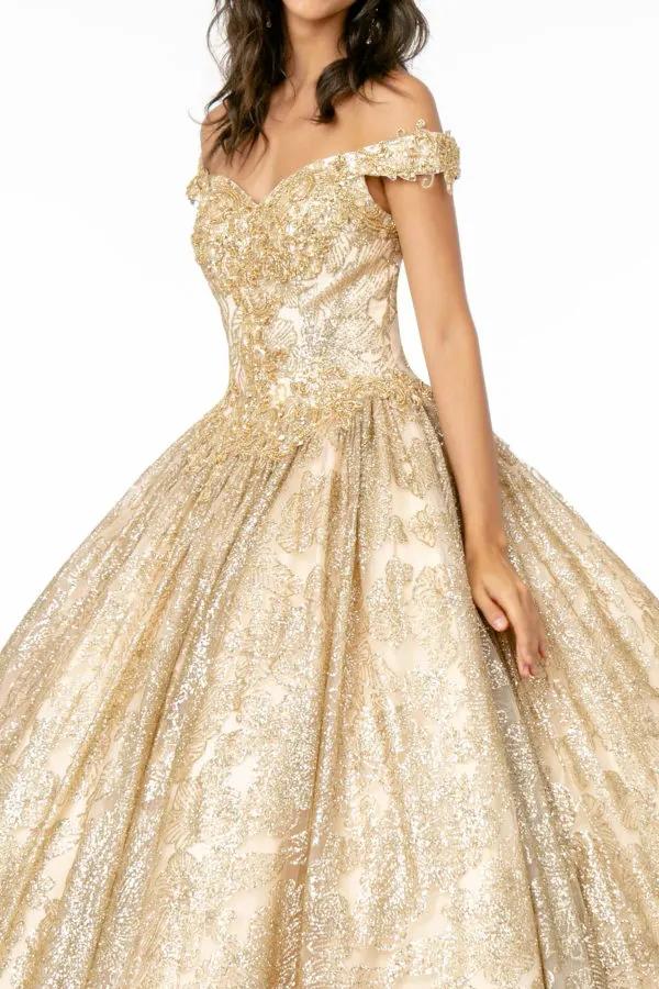 Sweetheart Neckline Cut-Away Shoulder Glitter Mesh Quinceanera Dress by Tux-USA
