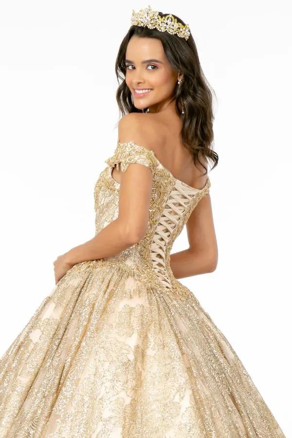 Sweetheart Neckline Cut-Away Shoulder Glitter Mesh Quinceanera Dress by Tux-USA