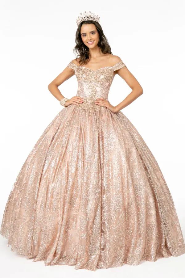 Sweetheart Neckline Cut-Away Shoulder Glitter Mesh Quinceanera Dress by Tux-USA