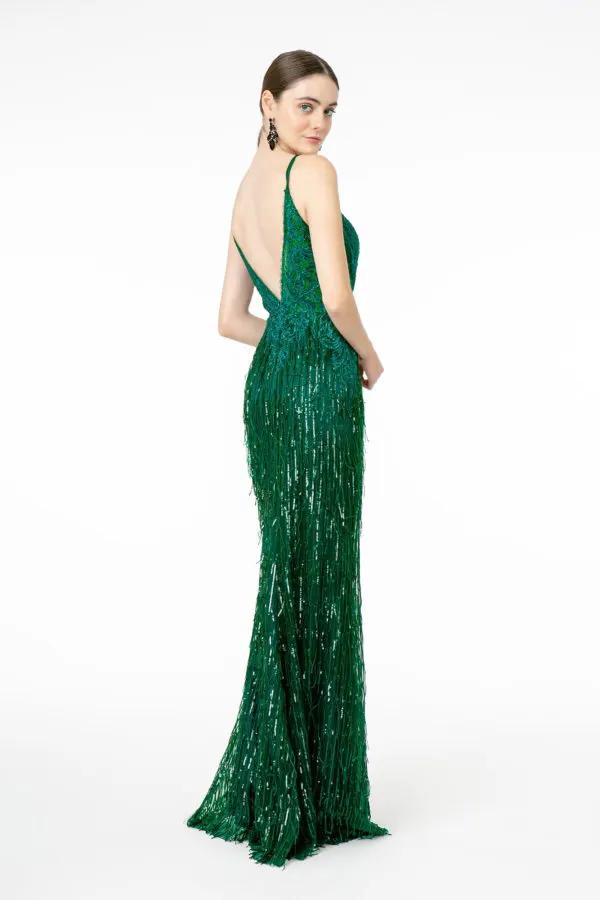 Illusion V-Neck Embroidered Top and Sequin Skirt Mermaid Dress by Tux-USA