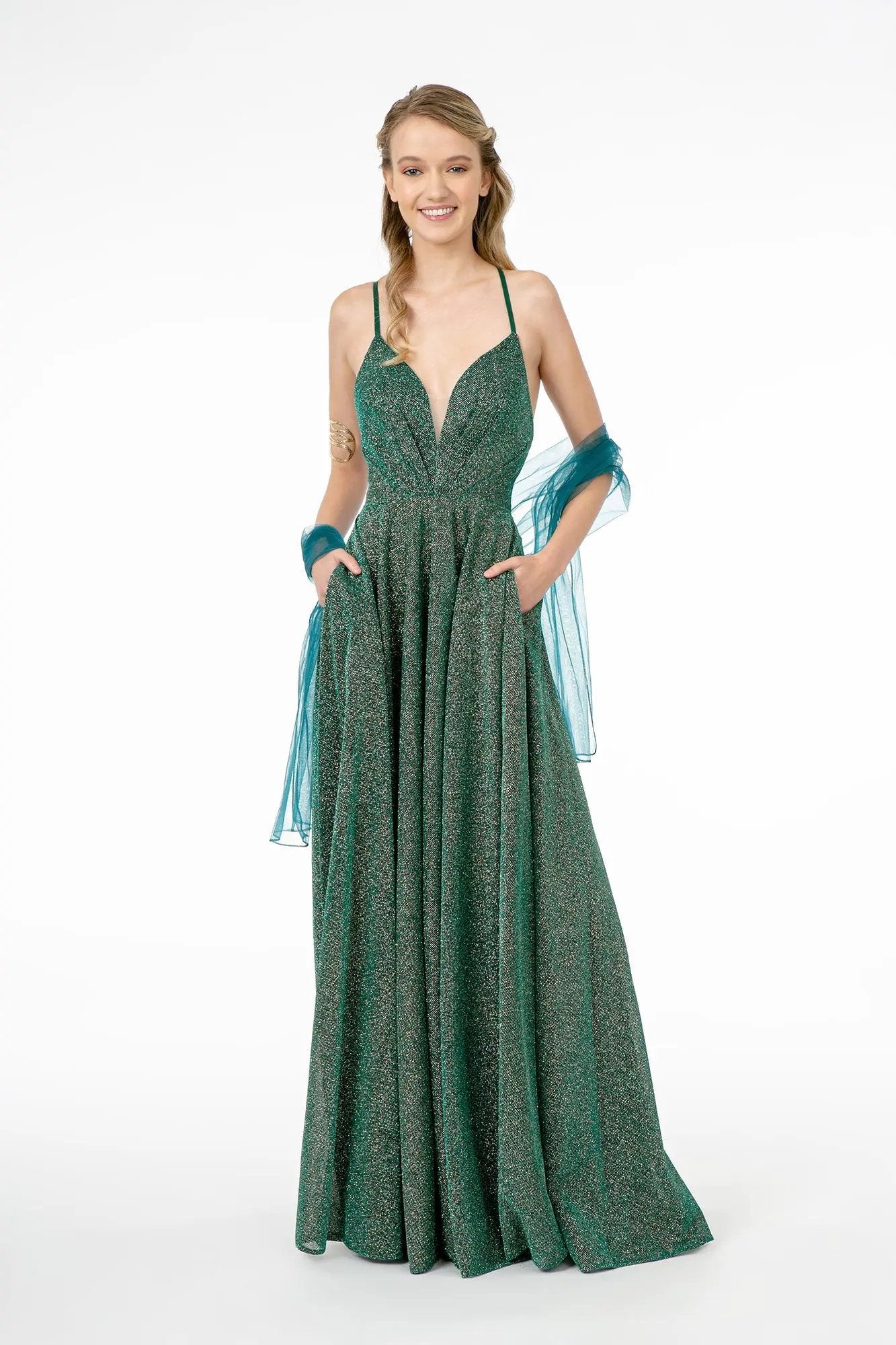 Illusion V-Neck A-Line Glitter Lame Long Dress by Tux-USA