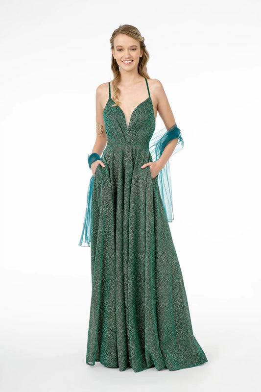 Illusion V-Neck A-Line Glitter Lame Long Dress by Tux-USA