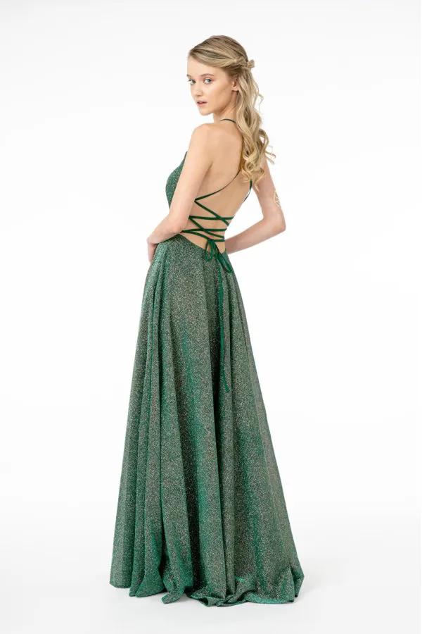 Illusion V-Neck A-Line Glitter Lame Long Dress by Tux-USA