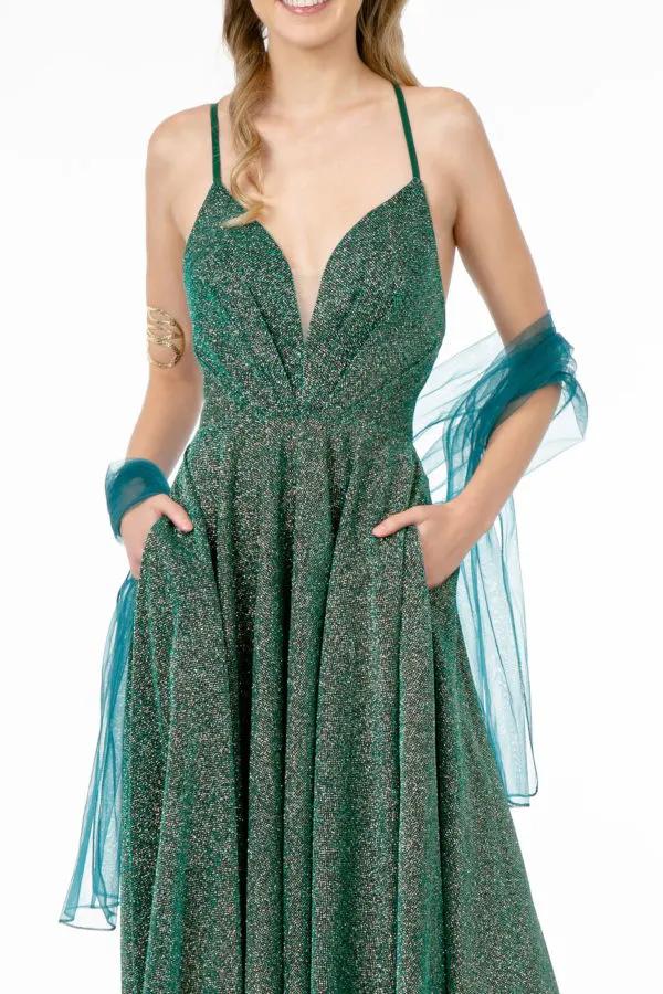 Illusion V-Neck A-Line Glitter Lame Long Dress by Tux-USA