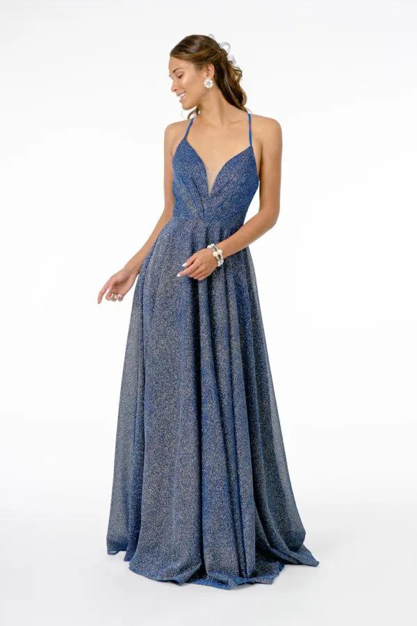 Illusion V-Neck A-Line Glitter Lame Long Dress by Tux-USA