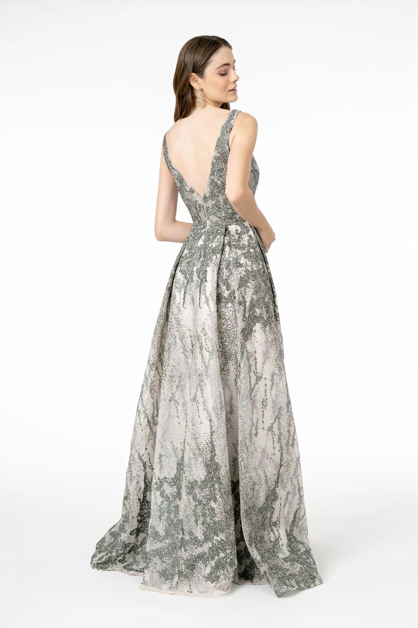 Jewel Embellished Lace Long Dress w/ V-Back by Tux-USA