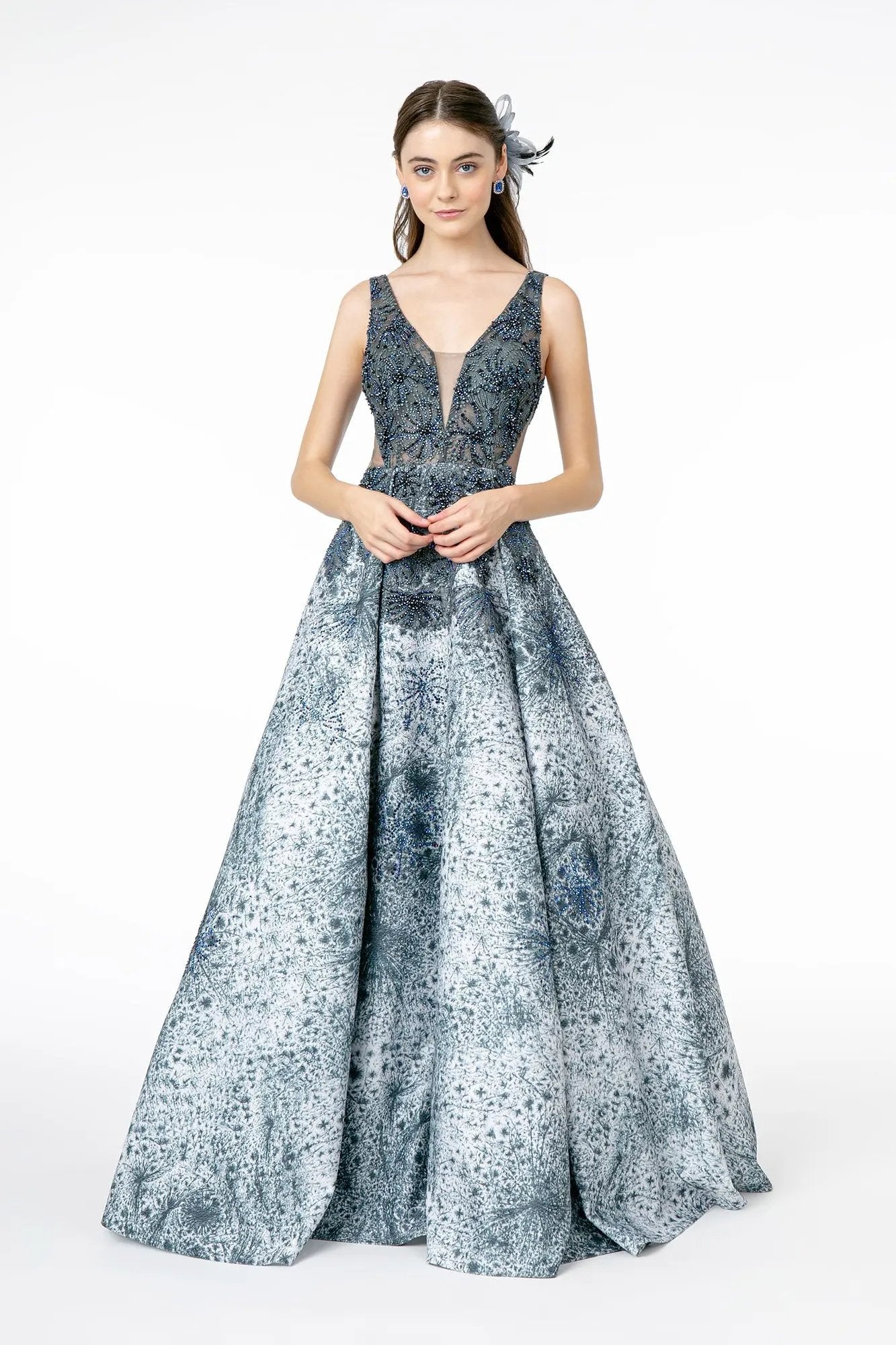 Dress Jewel Embellished Sleeveless A-Line Long Illusion Deep V-Neck by Tux-USA