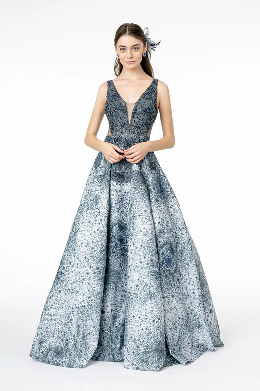 Dress Jewel Embellished Sleeveless A-Line Long Illusion Deep V-Neck by Tux-USA