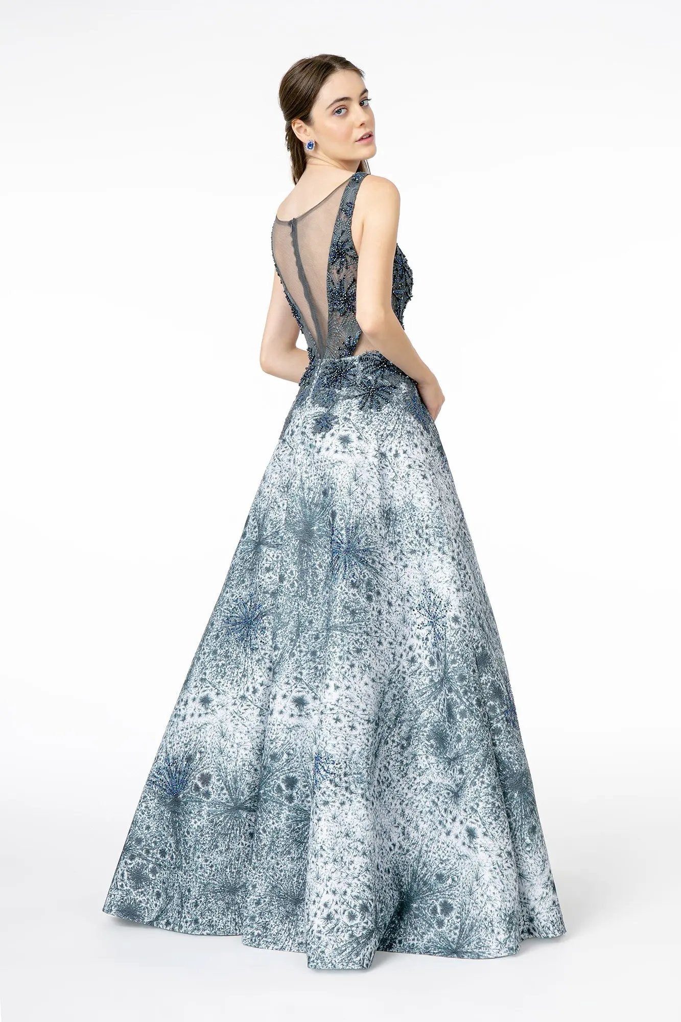 Dress Jewel Embellished Sleeveless A-Line Long Illusion Deep V-Neck by Tux-USA