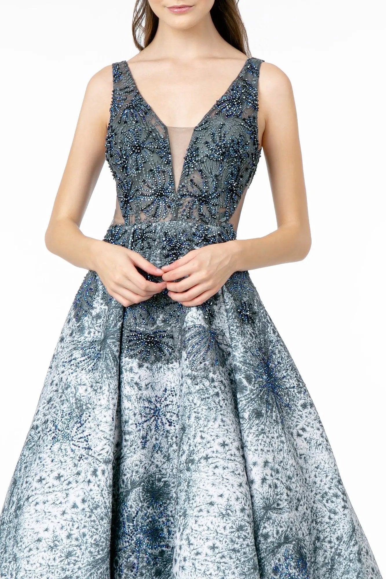 Dress Jewel Embellished Sleeveless A-Line Long Illusion Deep V-Neck by Tux-USA