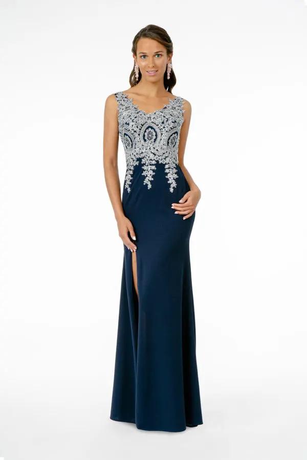 Embroidered Bodice V-Neck Jersey Long Dress w/ Slit by Tux-USA