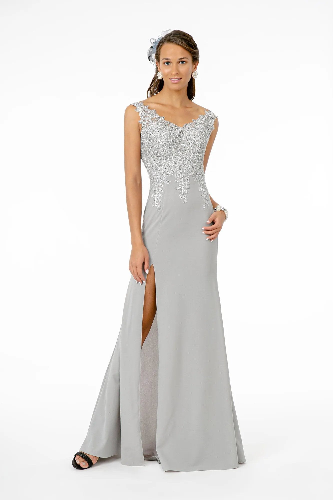 Embroidered Bodice V-Neck Jersey Long Dress w/ Slit by Tux-USA