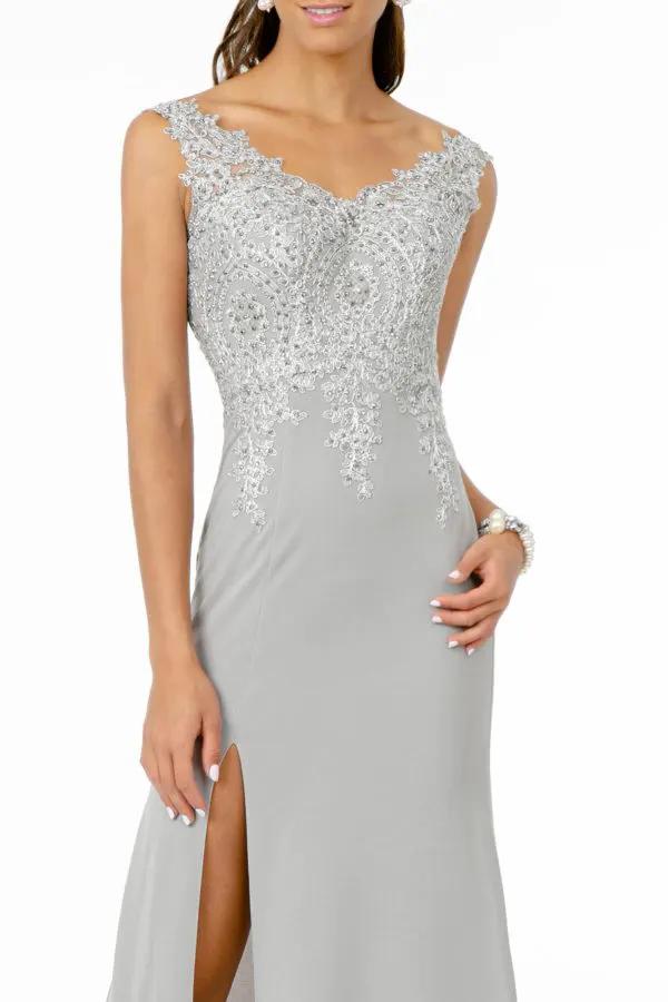 Embroidered Bodice V-Neck Jersey Long Dress w/ Slit by Tux-USA