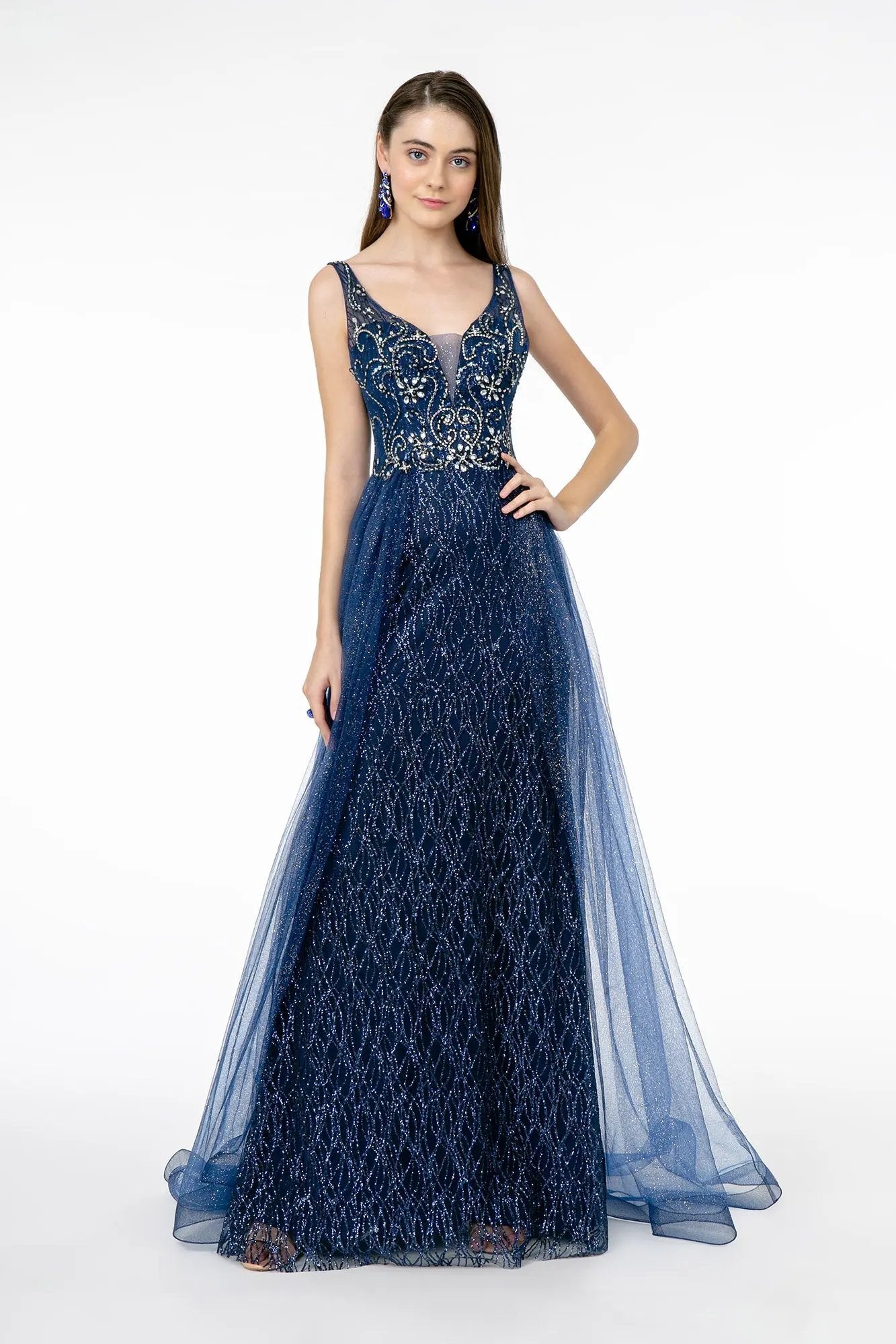Jeweled Bodice Glitter Mesh A-Line Long Dress by Tux-USA