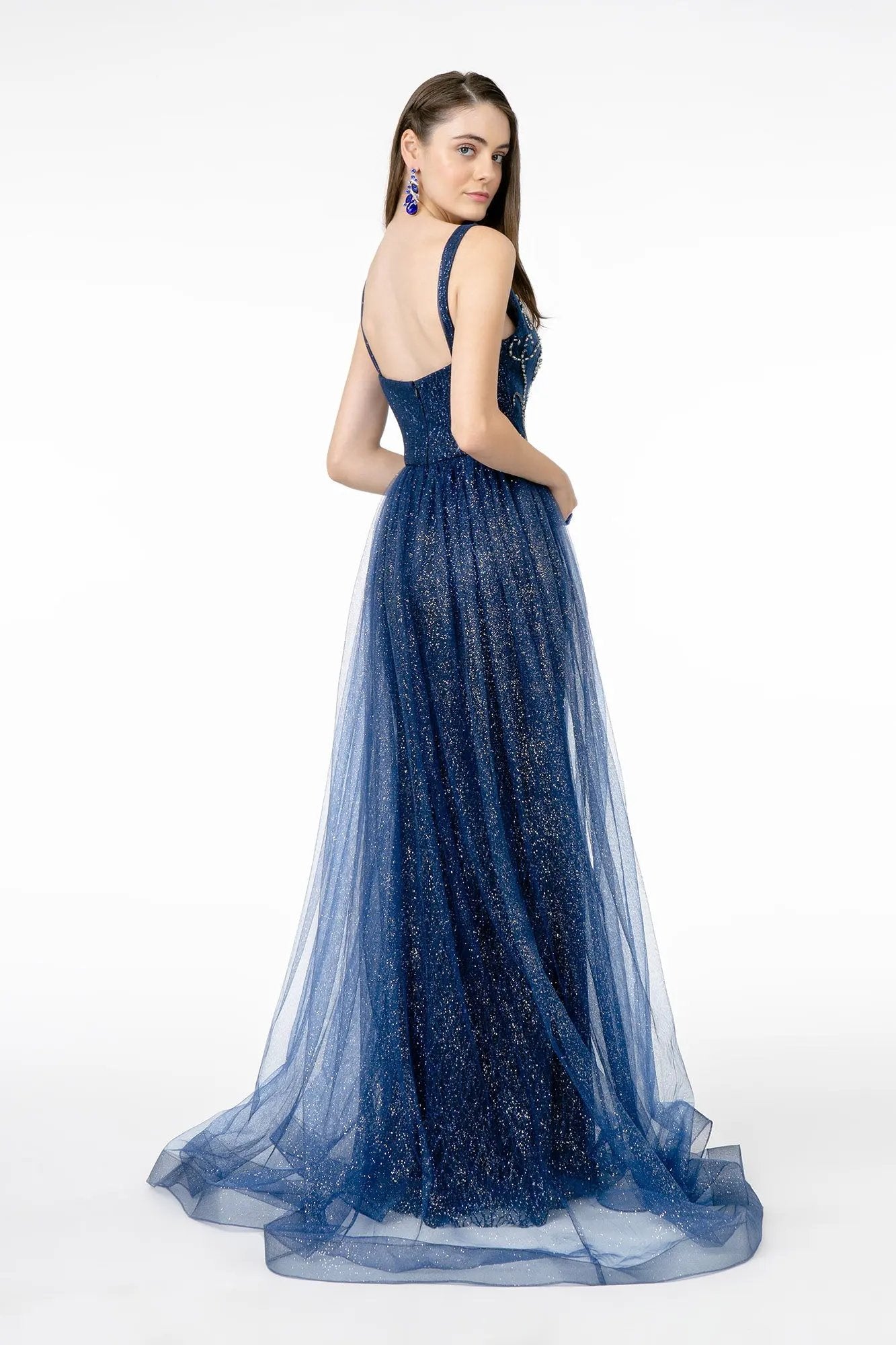 Jeweled Bodice Glitter Mesh A-Line Long Dress by Tux-USA