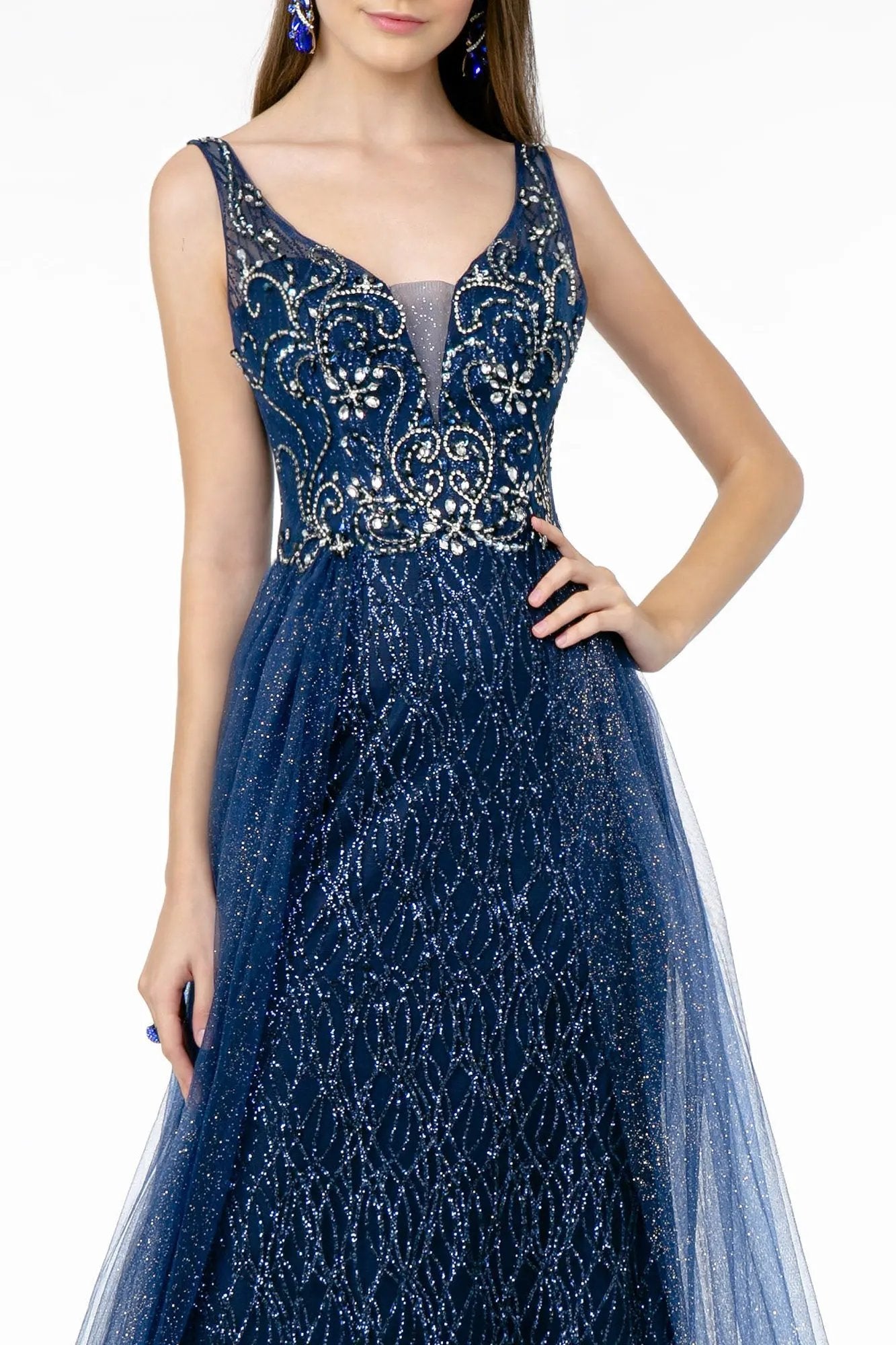 Jeweled Bodice Glitter Mesh A-Line Long Dress by Tux-USA