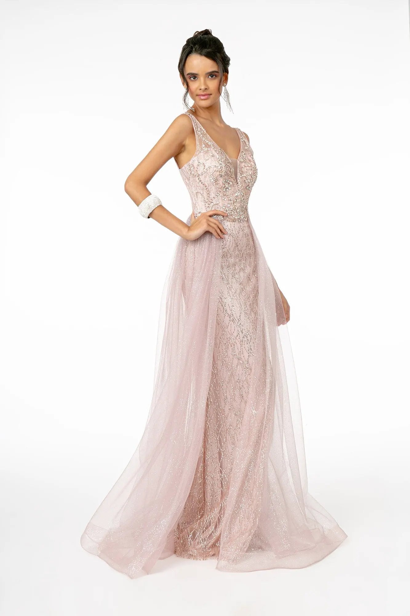 Jeweled Bodice Glitter Mesh A-Line Long Dress by Tux-USA