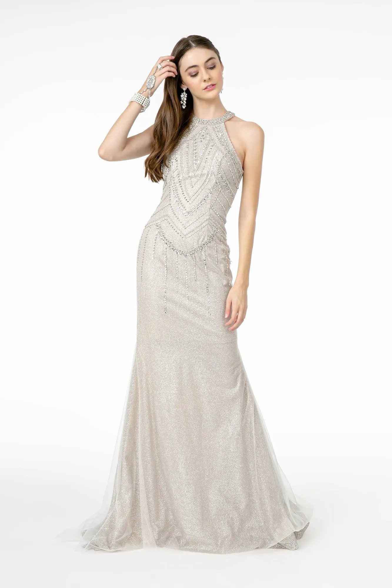 Jewel Embellished Mermaid Mesh Long Dress by Tux-USA