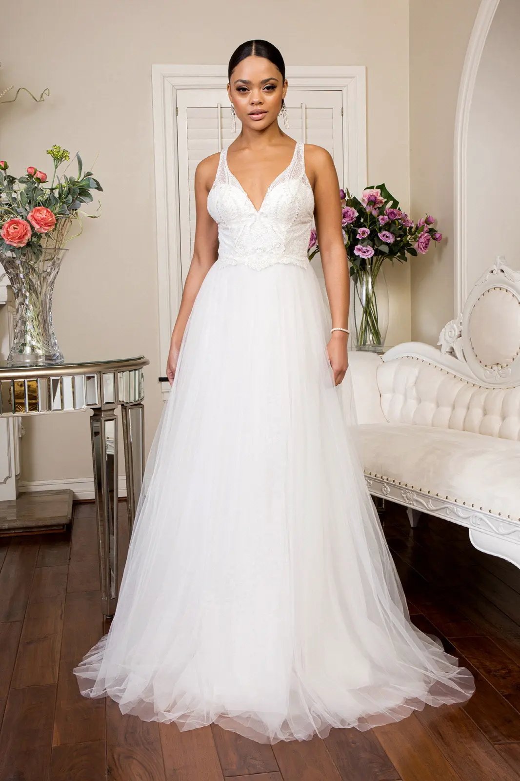Beads Embellished Bodice Glitter Mesh Wedding Gown by Tux-USA