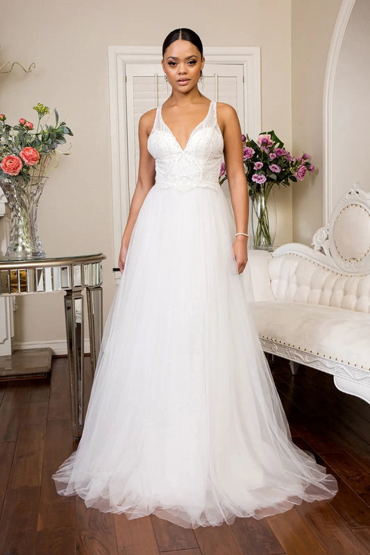 Beads Embellished Bodice Glitter Mesh Wedding Gown by Tux-USA