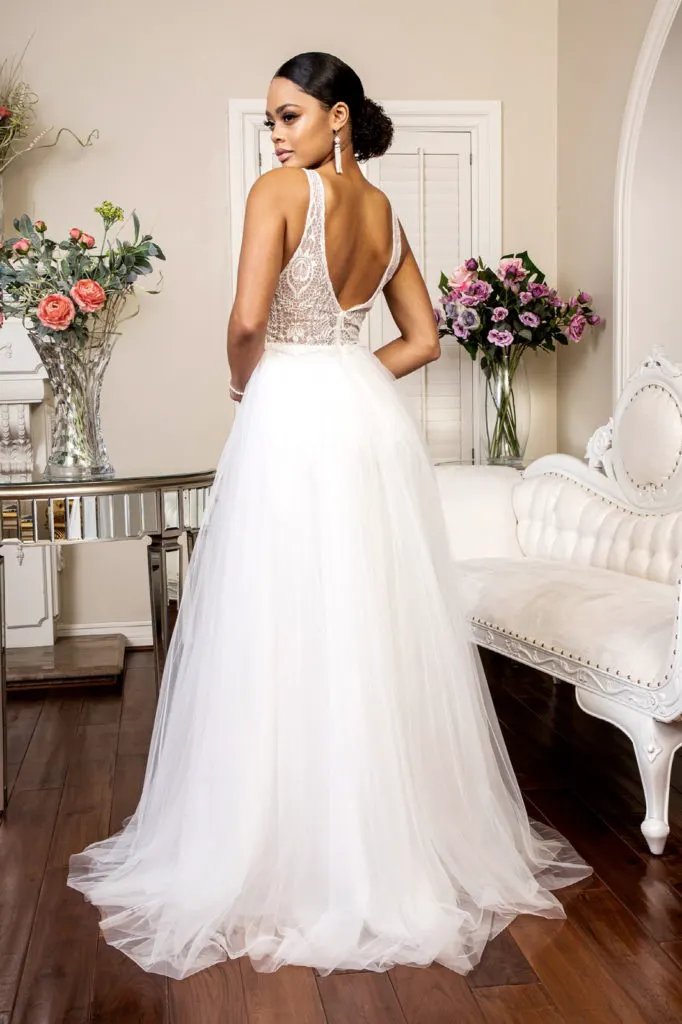 Beads Embellished Bodice Glitter Mesh Wedding Gown by Tux-USA