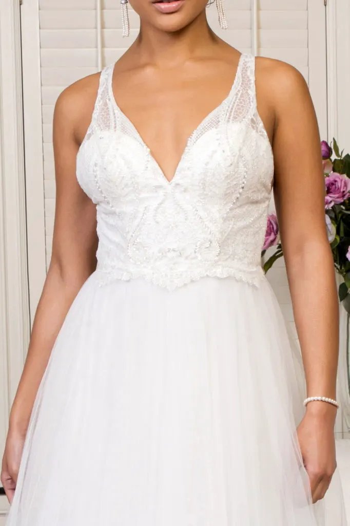 Beads Embellished Bodice Glitter Mesh Wedding Gown by Tux-USA