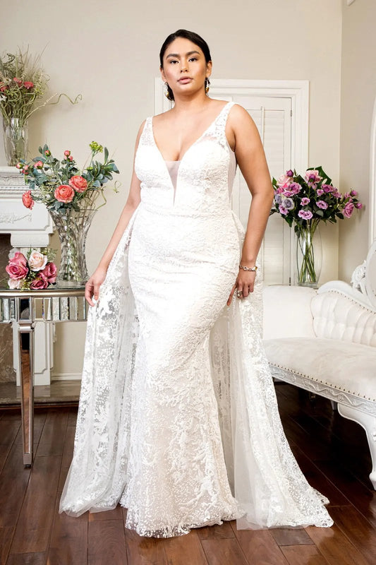 Illusion V-Neck Sheer Side and Back Mermaid Wedding Gown w/ Detachable Mesh Layer - Mask Not Included by Tux-USA