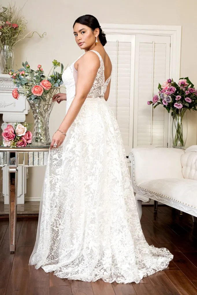 Illusion V-Neck Sheer Side and Back Mermaid Wedding Gown w/ Detachable Mesh Layer - Mask Not Included by Tux-USA