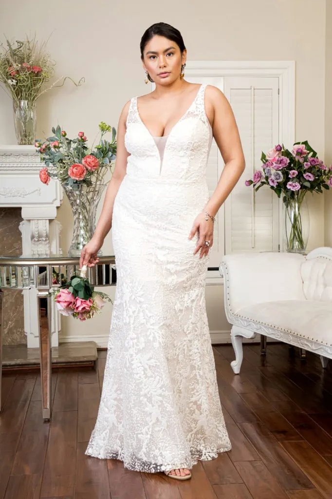 Illusion V-Neck Sheer Side and Back Mermaid Wedding Gown w/ Detachable Mesh Layer - Mask Not Included by Tux-USA