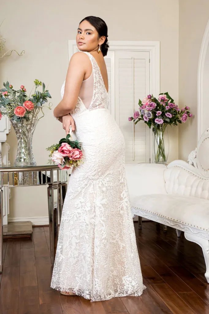 Illusion V-Neck Sheer Side and Back Mermaid Wedding Gown w/ Detachable Mesh Layer - Mask Not Included by Tux-USA