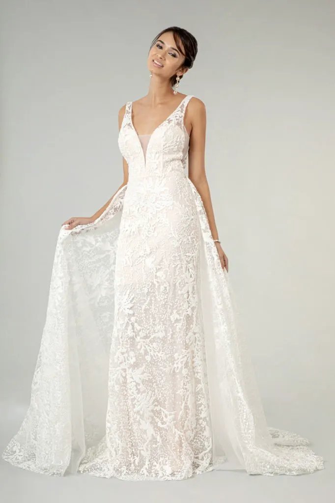 Illusion V-Neck Sheer Side and Back Mermaid Wedding Gown w/ Detachable Mesh Layer - Mask Not Included by Tux-USA