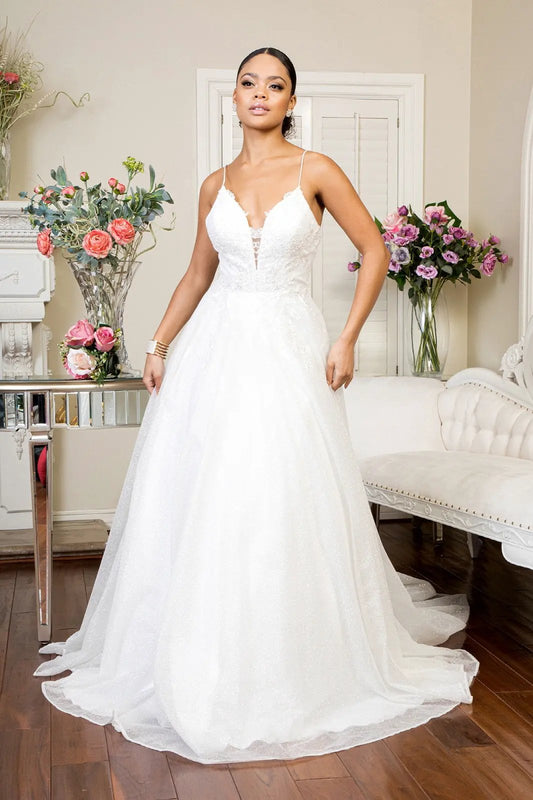 Embroidered Bodice Sweethearted Glitter Mesh Wedding Gown by Tux-USA
