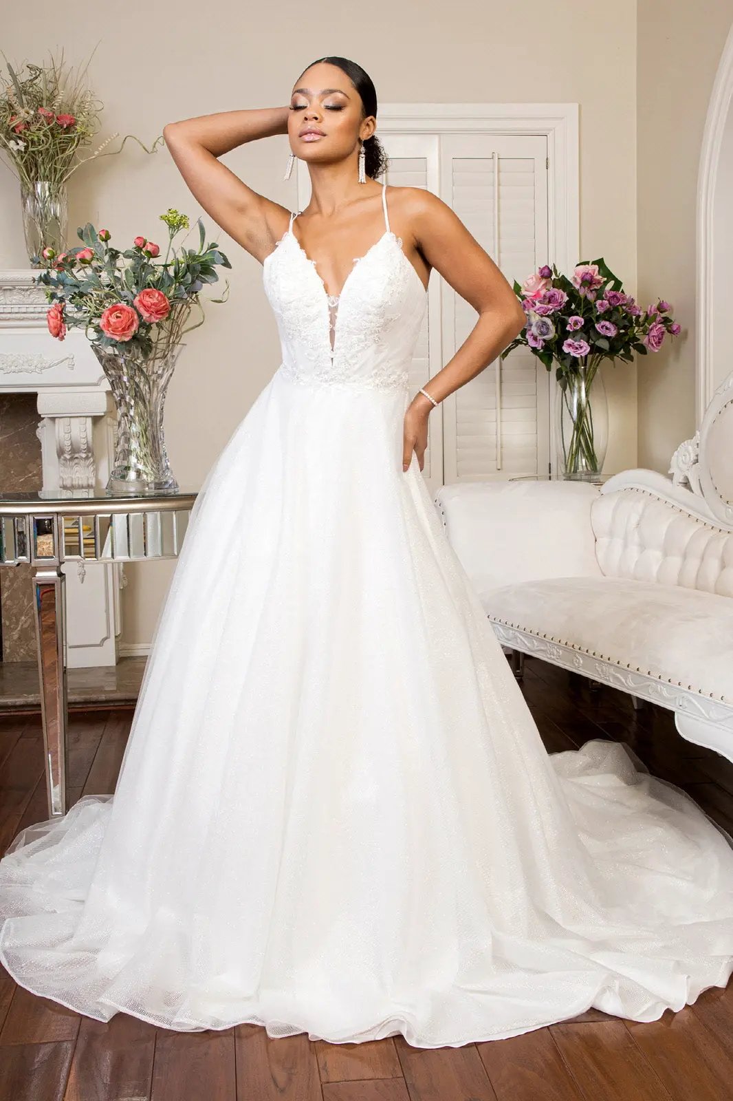 Embroidered Bodice Sweethearted Glitter Mesh Wedding Gown w/ Spaghetti Strap by Tux-USA
