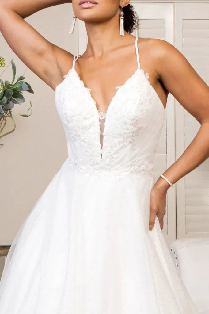 Embroidered Bodice Sweethearted Glitter Mesh Wedding Gown w/ Spaghetti Strap by Tux-USA