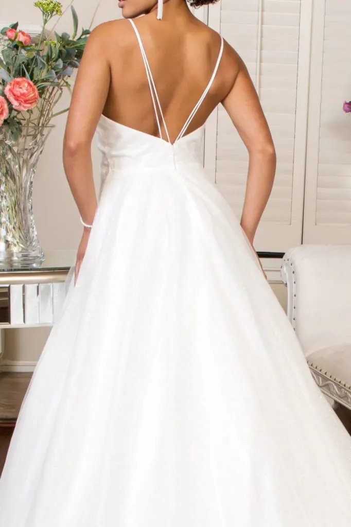 Embroidered Bodice Sweethearted Glitter Mesh Wedding Gown w/ Spaghetti Strap by Tux-USA