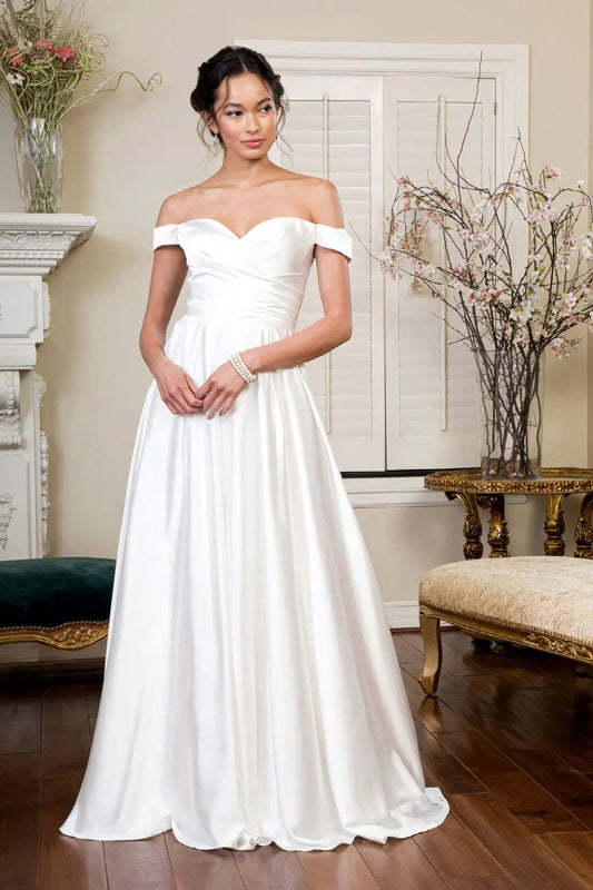 Pleated Waistline Sweethearted Cut-Away Shoulder Satin A-Line Dress by Tux-USA
