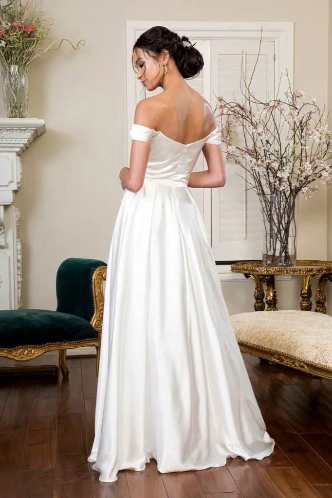 Pleated Waistline Sweethearted Cut-Away Shoulder Satin A-Line Dress by Tux-USA