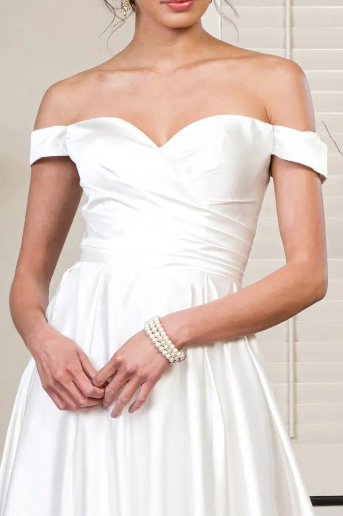 Pleated Waistline Sweethearted Cut-Away Shoulder Satin A-Line Dress by Tux-USA