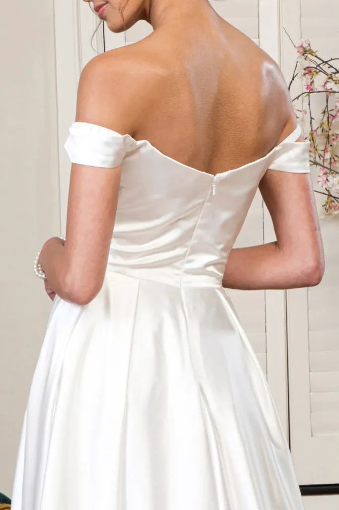 Pleated Waistline Sweethearted Cut-Away Shoulder Satin A-Line Dress by Tux-USA